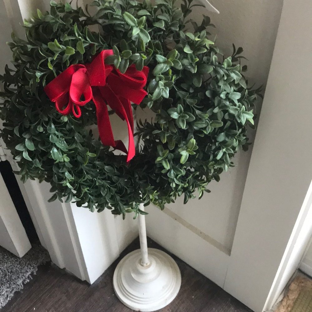 Faux Boxwood Wreath Home Decor Red Bow Final Sale
